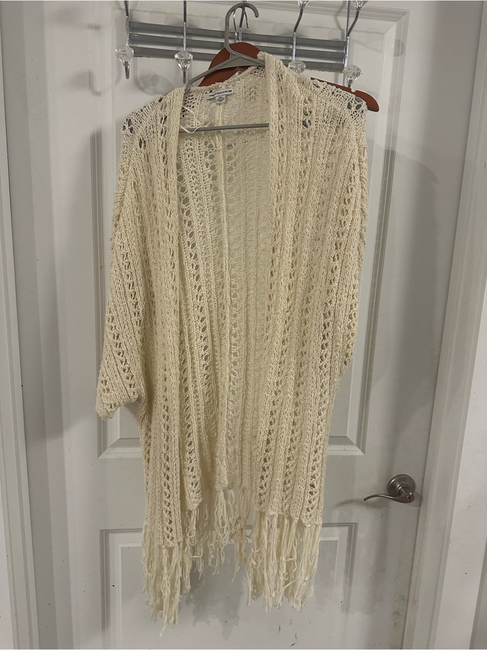 American Eagle Outfitters Cream Open-Knit Fringe Cardigan